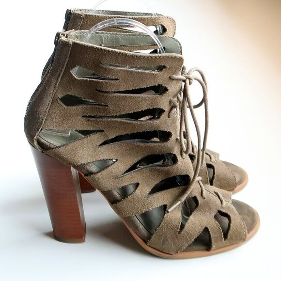 MIA Military Green Suede Leather Peep Toe Cutout Lace-up Heels Bootie Shoes 6 - Picture 2 of 16